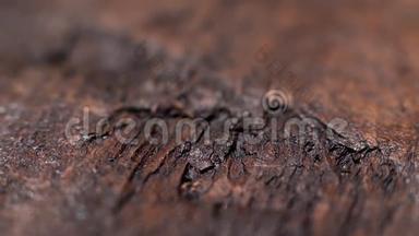 贴合深色天然棕色木质纹理.. 库存录像。 旧的乡村餐桌，有裂缝，木材背景。